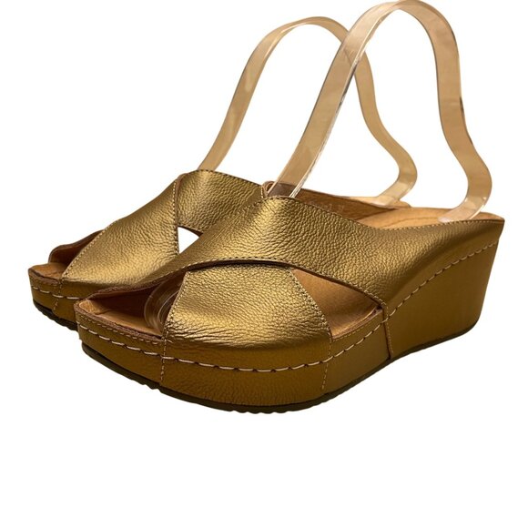 Cazen Japan Women’s Gold Leather Crossed Strap Wedge Slide Sandals Size EU37/US7 - Picture 4 of 8